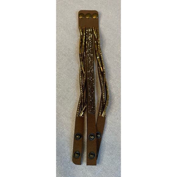 Women's Layered Leather Bracelet with Gold Rhinestones Y2K BOHO Glam Retro - Picture 6 of 9